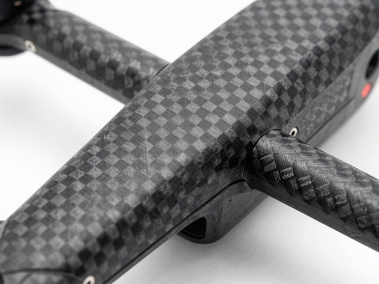 Extreme macro close-up of a 3D-printed carbon fiber drone arm, showing clean layer lines and high-contrast studio lighting.