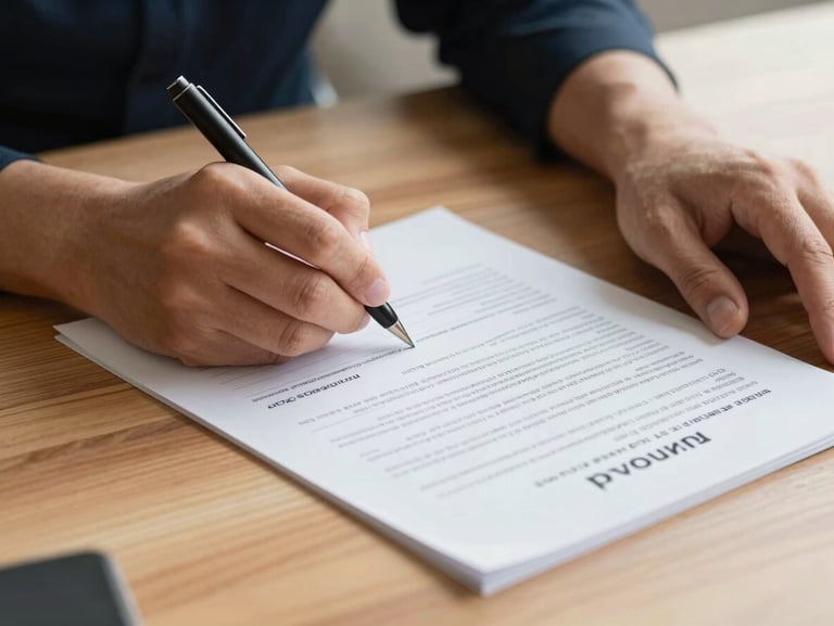 Close-up of hands signing a physical compliance document on a clean warm-cream wooden desk, soft natural morning light, editorial feel