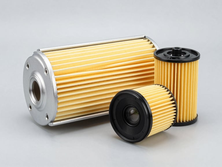 Crisp studio shot of a yellow automotive air filter and spin-on oil filter, light gray background, sharp focus