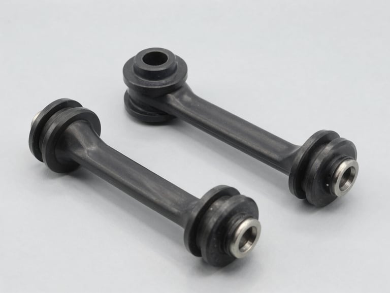 Crisp studio shot of automotive suspension rubber bushings and control arms, light gray background, sharp focus