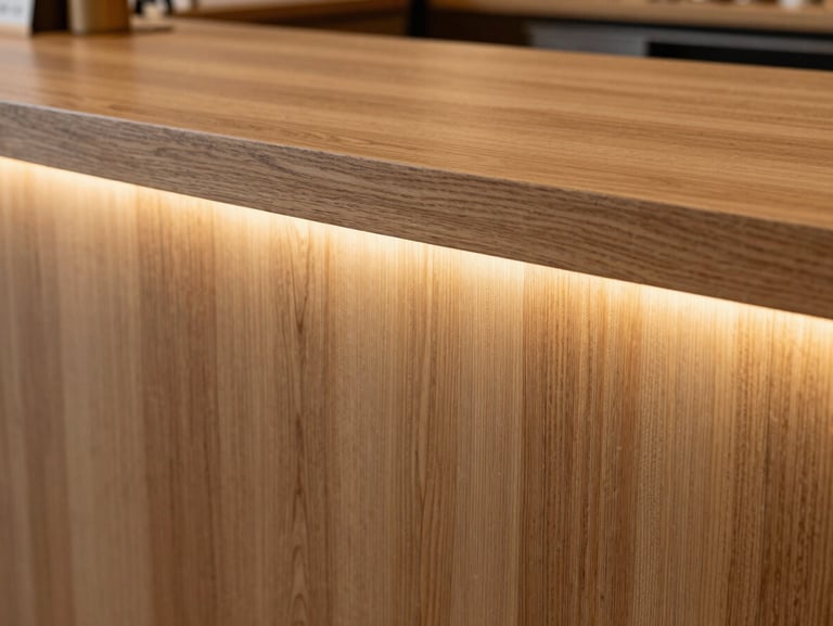 Macro detail shot of custom oak joinery on a restaurant counter, warm architectural LED strip casting a soft glow on the wood grain, sharp focus, clean lines.