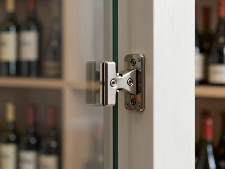 Extreme close-up of a frameless glass hinge connection on a wine room door, flat north-facing daylight, polished stainless pivot point where the glass edge meets the structural floor bracket, no decorative hardware, pure engineered precision