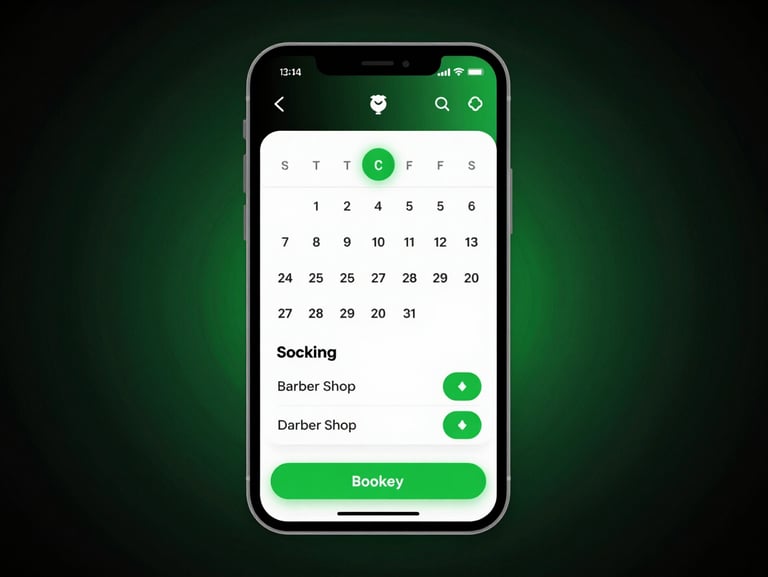 Crisp mobile mockup of a barber shop booking application, showing calendar slots, service selection, and a clean interface, high-contrast studio light