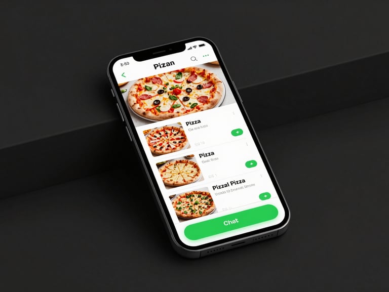 Crisp mobile mockup of a local pizza ordering website, showing a clean menu, vibrant food photography, and a prominent green checkout button, high-contrast studio light