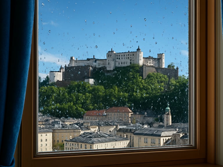 Crystal-clear window pane looking out to the Salzburg fortress, water droplets bead on the glass, bright daylight, 35mm