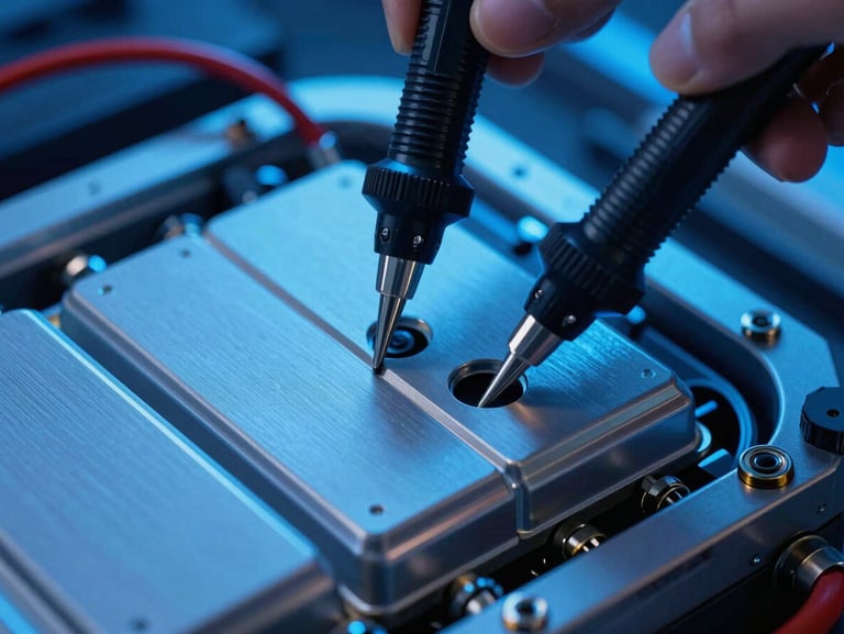 Macro close-up of a mechanic calibrating an electric vehicle battery pack with high-tech diagnostic probes under dramatic blue neon lighting, metallic surfaces reflecting light.