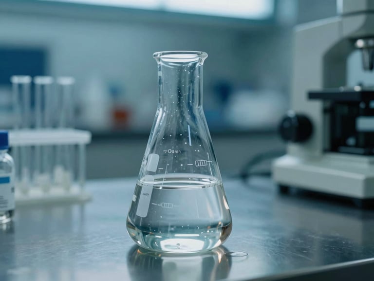 Clear chemical liquid inside a professional laboratory flask, clean steel background, sharp focus, cool teal lighting