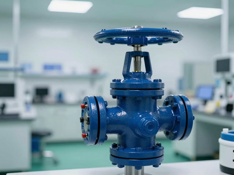 Secure industrial chemical storage valve with professional safety markings, clean warehouse environment, high-contrast 35mm
