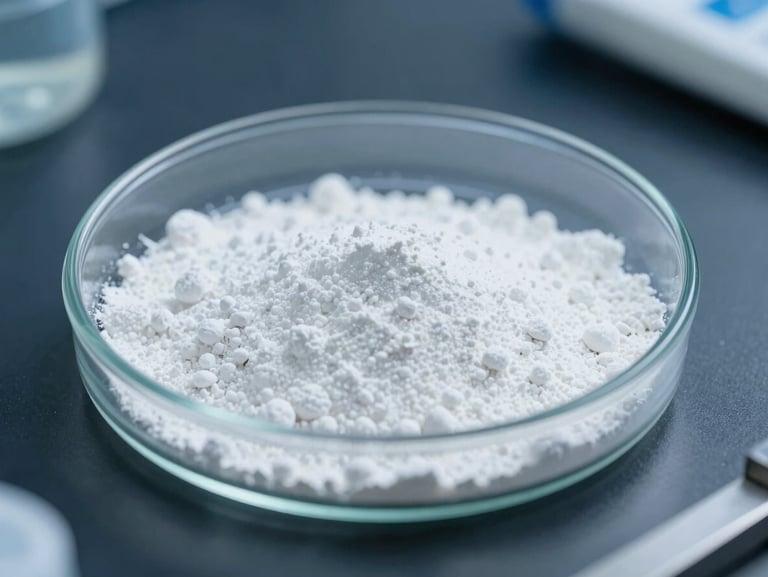 Crisp macro shot of white chemical powder sample in a clean glass petri dish inside a professional laboratory, cool blue tones