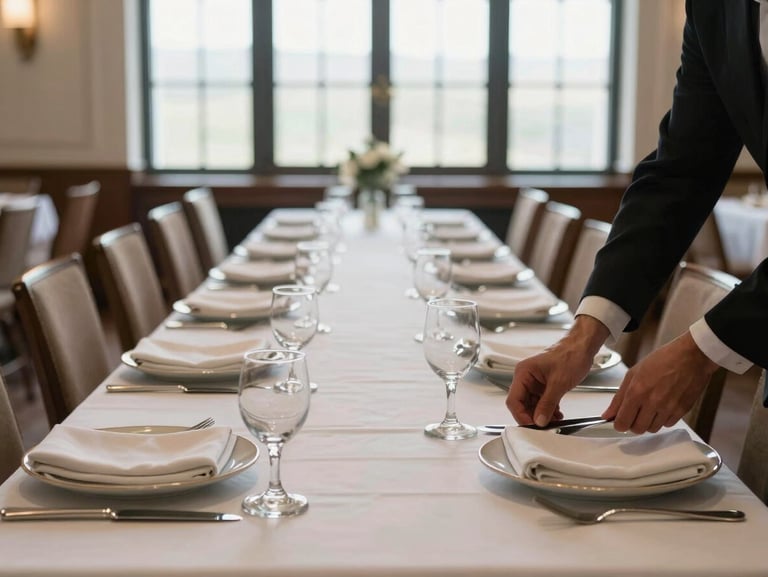 Long banquet table being set for a formal event, linen napkins folded on plates, glassware aligned, hands of a staff member placing cutlery in the foreground, empty hall with tall windows behind