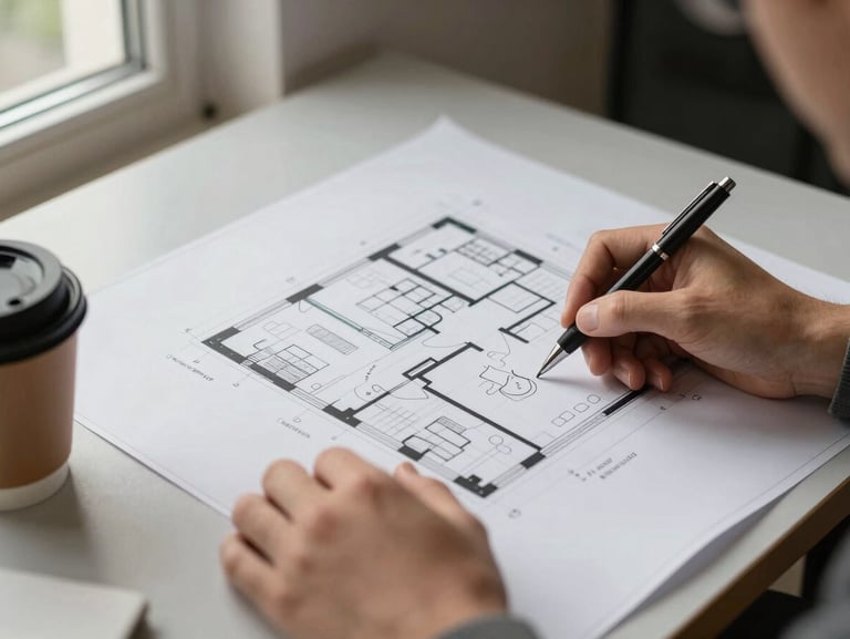 Hands of a person reviewing architectural floor plans spread on a table, a pen marking a notation, coffee cup at the edge, natural window light from the left, no faces visible