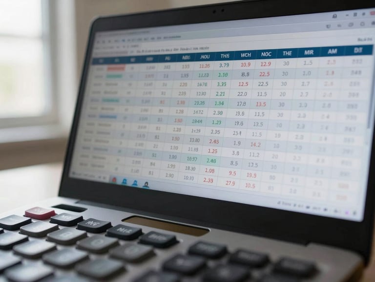 Close-up macro detail of a modern digital financial dashboard, clean spreadsheet numbers on screen, bright daylight from a side window, sharp focus on a calculator in the foreground.