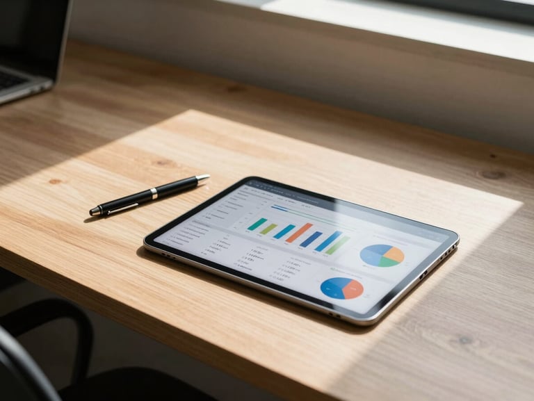 Bright, natural daylight shot of a modern office workspace in Belo Horizonte, showing a clean wooden desk with a digital financial dashboard on a tablet and a structured pen, high contrast, professional atmosphere.