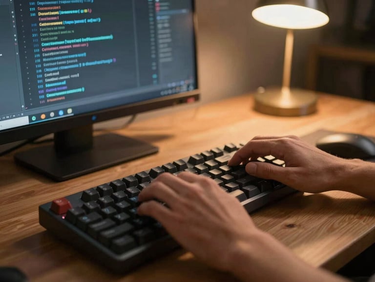 Tight shot of hands on a mechanical keyboard, monitor in background showing a terminal with deployment logs scrolling, warm tungsten desk lamp casting focused light, shallow depth of field, no faces visible