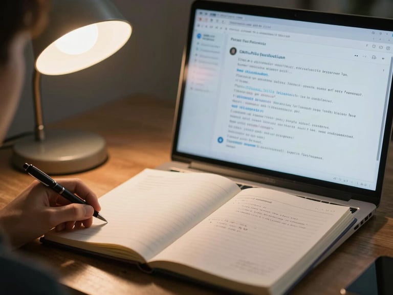 Close-up of a student's open notebook beside a laptop showing a GitHub pull request review with inline comments, tungsten lamp light from the upper left, hand holding a pen just outside frame, focus on the screen and paper