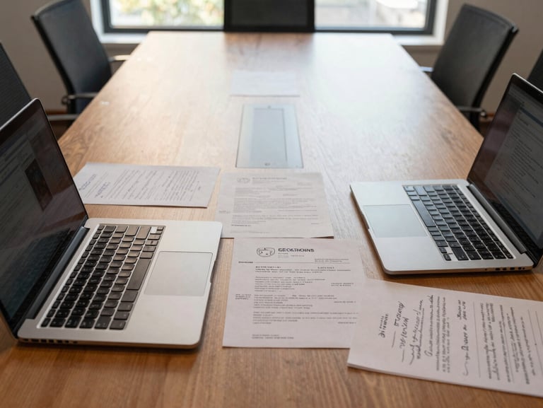 Environmental shot looking down a narrow conference table with two open laptops, printed résumé documents and handwritten notes spread between them, natural daylight from a window at the far end, no people visible, warm mid-afternoon tone