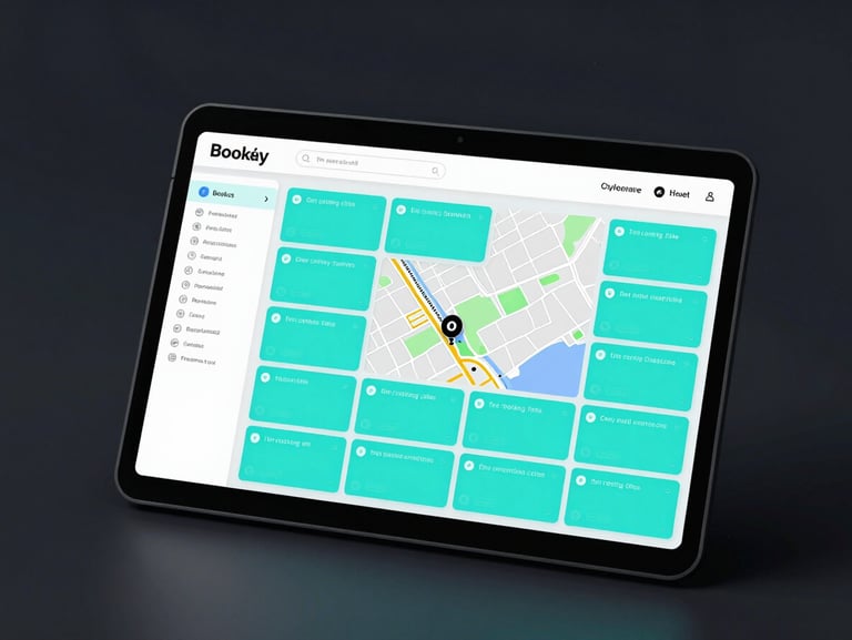 High-fidelity UI mockup of an interactive map booking system on a modern desktop browser, dark theme, clean slate background with cyan selected slots