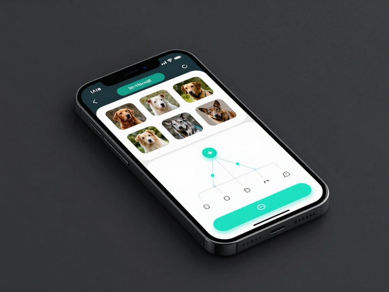 Isometric mockup of a dark-mode mobile application on an iPhone screen, showcasing a clean dashboard with animal profile cards and lineage charts, glowing cyan accents