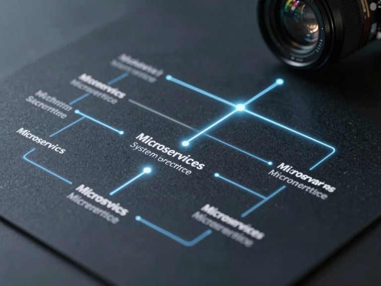 A clean, dark schematic diagram representing microservices connected by glowing lines, illustrating clean system architecture.