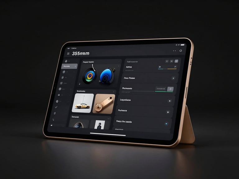Sleek dark user interface design on a premium tablet screen, champagne gold highlights, dark studio setting, 35mm