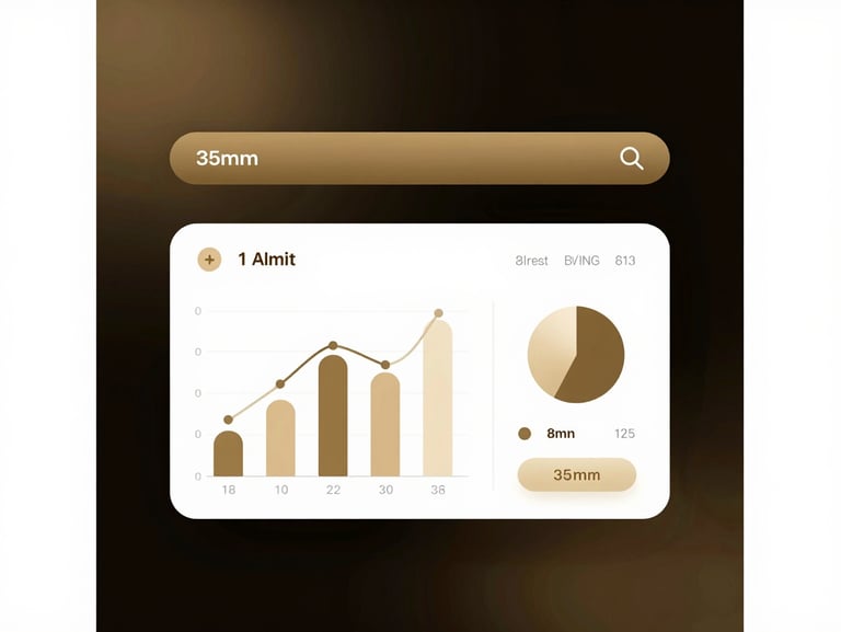 Clean modern dashboard interface with elegant charts, dark background, warm gold accents, 35mm