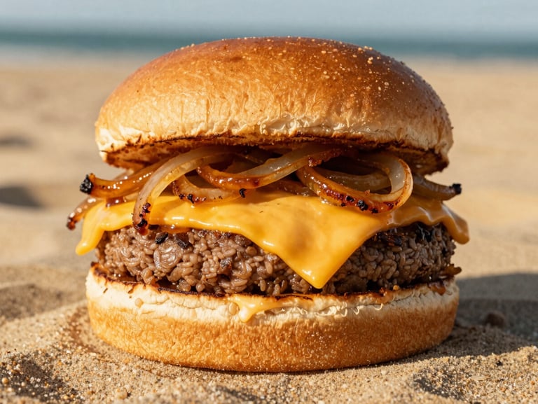 Close up of a double smash burger with melting cheddar cheese, caramelized onions on a brioche bun, warm golden light, 35mm