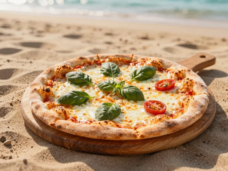 Freshly baked pizza with bubbling mozzarella, fresh basil, and cherry tomatoes on a wooden board, warm lighting, 35mm