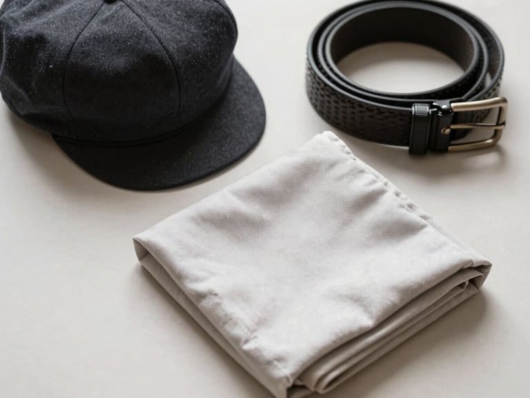 Overhead close-up on a neutral light surface: a structured flat cap, a woven belt coiled neatly, and a folded scarf arranged without styling props, soft diffused daylight from the left, no shadows, clean negative space around each item