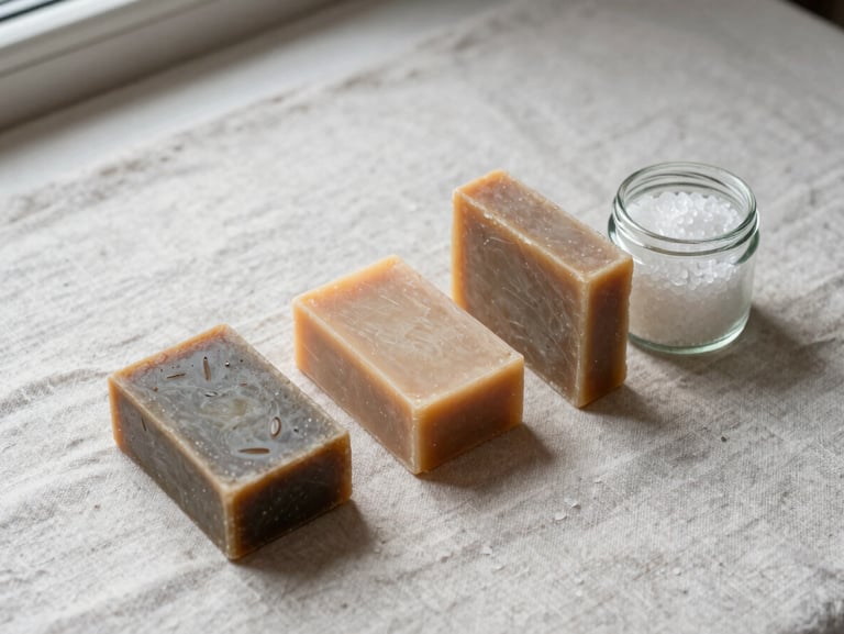 Overhead close-up on a pale linen surface: three bars of artisan soap and a small glass jar of bath salts arranged in a loose line, soft north-facing window light, no props, no styling, clean neutral background with generous space around each item