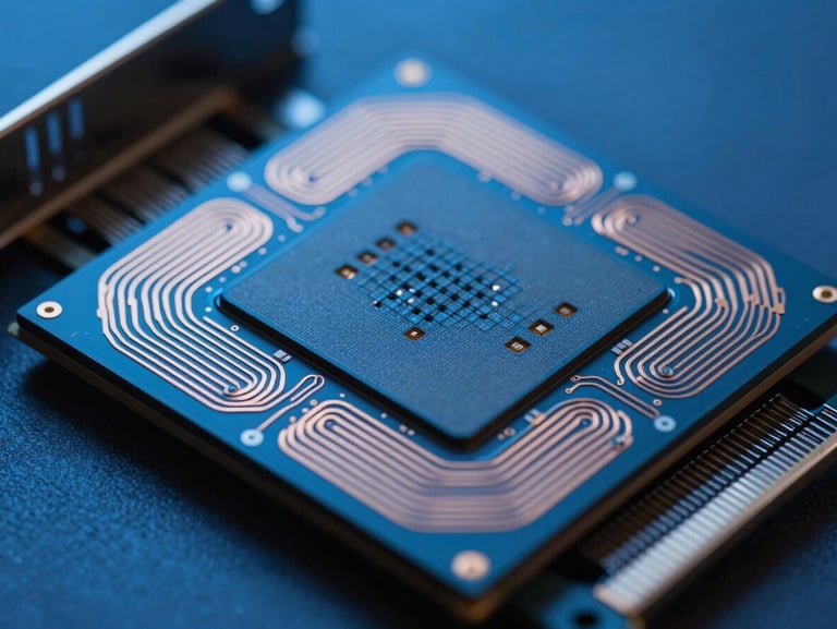 Extreme macro close-up of a high-end PC graphics card silicon die, cold blue studio lighting, metallic copper traces, shallow depth of field