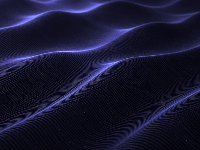Abstract dark digital texture showing complex algorithmic wave patterns, illuminated by a sharp electric indigo light, high contrast