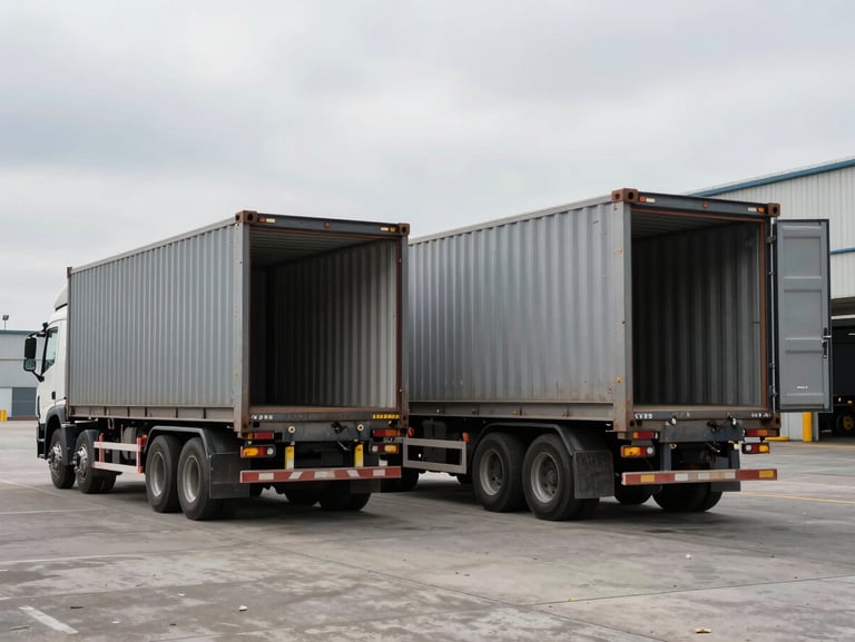 Wide shot inside a freight logistics yard, two loaded trucks angled in a concrete bay under flat overcast sky, cargo visible through open rear doors, industrial functional framing, no staged poses