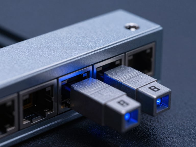 Macro shot of a high-speed fiber transceiver plugged into an enterprise switch port, sharp focus, metallic textures, blue LED glow