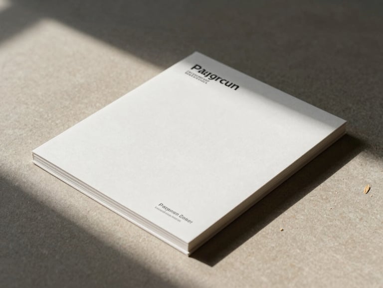 Cinematic, side-lit close-up of premium corporate stationery on a textured oat surface, sharp architectural shadows, minimalist layout.