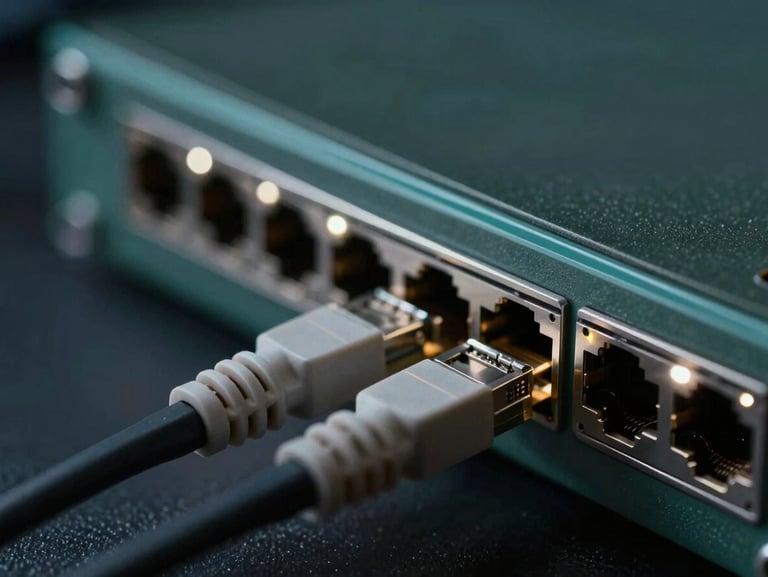 Macro shot of high-performance network hardware ports with clean ethernet connections, low-key moody lighting with sharp white LED highlights.