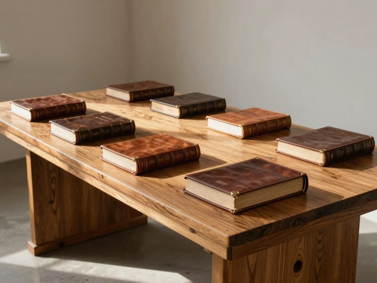 Wide panoramic view of a heavy oak library table with leather-bound ledgers, soft late afternoon sunlight casting long shadows, conveying permanence.
