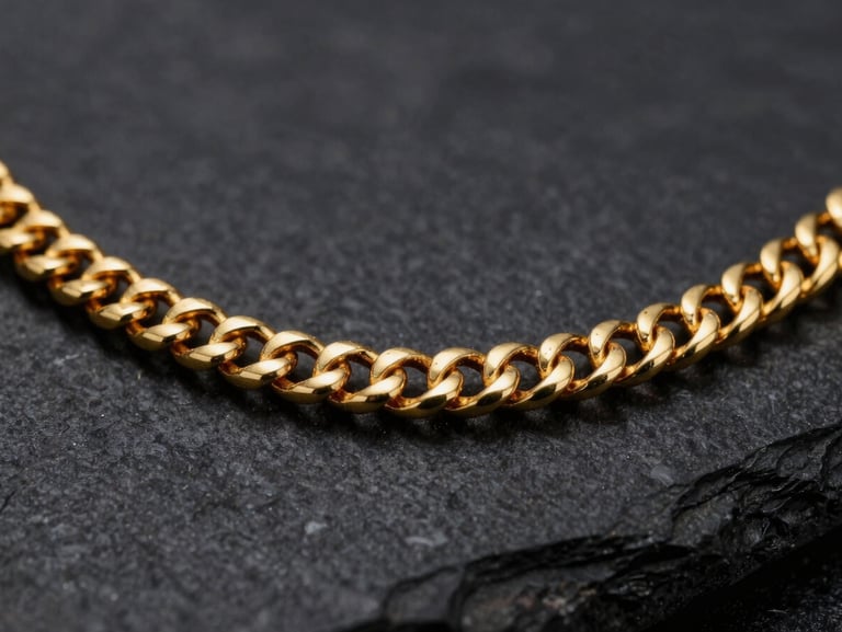 Macro shot of a thick hand-woven 22k gold chain resting on a dark stone surface, gleaming metallic highlights