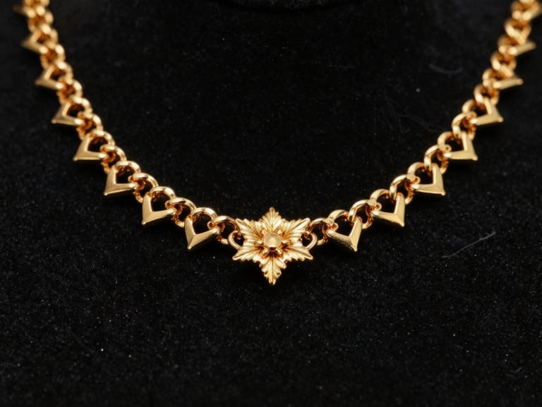 Macro photography of an intricate 22k gold bridal necklace, sharp specular highlights, deep obsidian background, shallow depth of field