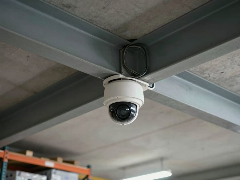 High-angle view of a warehouse ceiling corner showing a dome camera housing mounted at the junction of two structural beams, mixed overhead industrial lighting casting soft shadows on the concrete floor below, cables routed along the beam, no people, operational clutter of shelving visible in the background