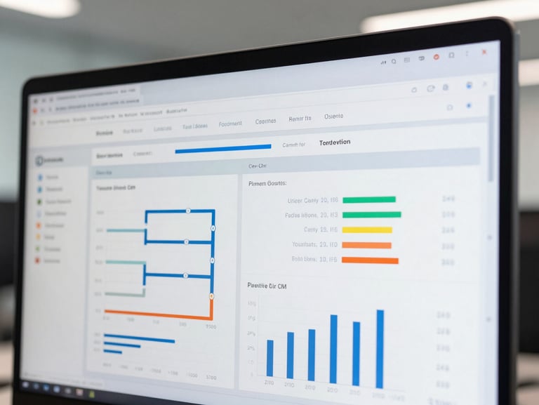 Macro close-up shot of a clean CRM dashboard on a high-resolution screen, showing data pipelines and analytics charts in sharp focus, cool bright office lighting.