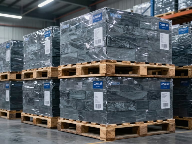 Neatly stacked pallets of branded export cartons inside a massive modern warehouse, structural slate grey steel racks, cool industrial lighting.