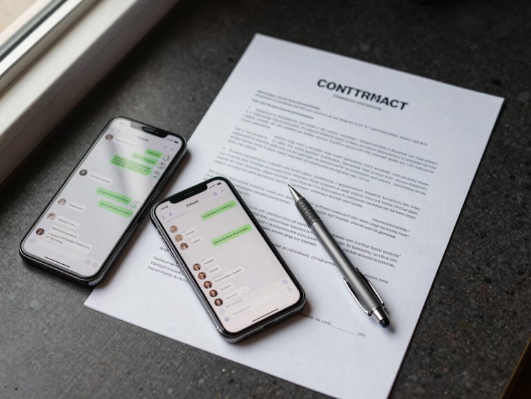 Overhead flat-lay of a contract document beside a smartphone showing a messaging thread, a mechanical pencil resting across the paper, natural window light from the upper left casting soft directional shadows, clean dark desk surface