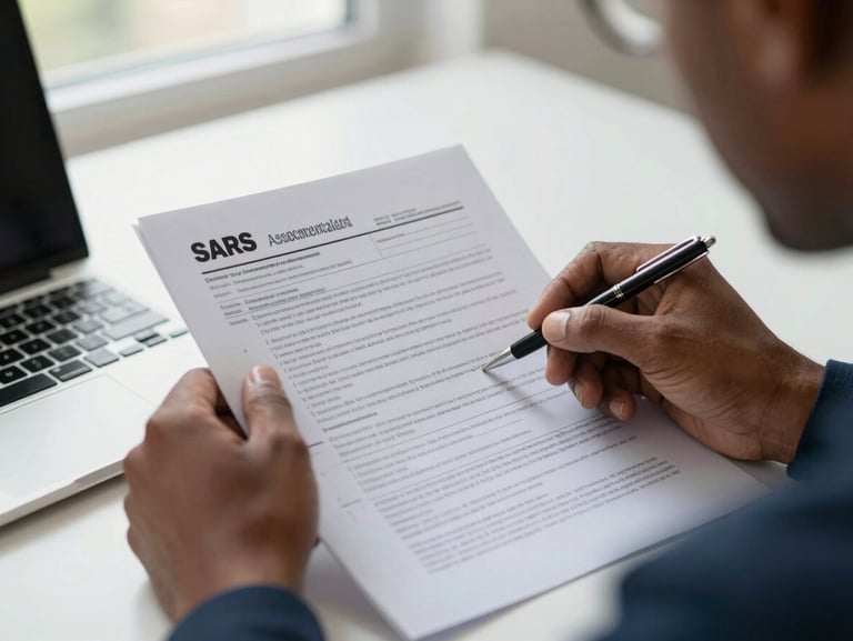 Close-up of a South African professional's hands reviewing a printed SARS tax assessment form on a tidy desk, pen in hand, natural window light from the left, a laptop partially visible at the edge, clean and focused framing