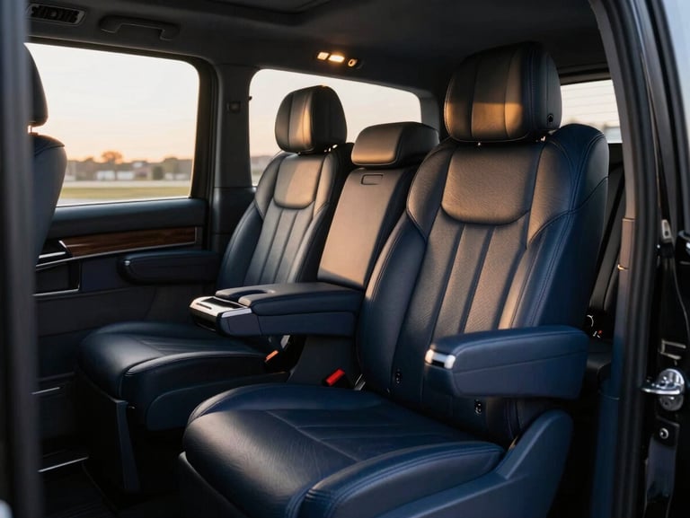 Pristine black Mercedes-Benz Vito VIP interior, luxurious leather seats, ambient lighting, sharp focus, 35mm