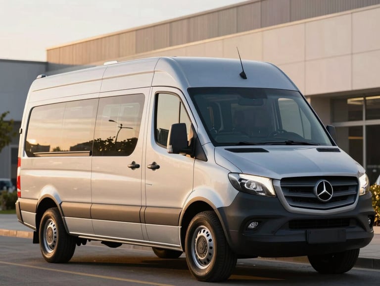 Modern silver Mercedes-Benz Sprinter corporate shuttle, clean exterior, parked in a business district, golden hour, 35mm