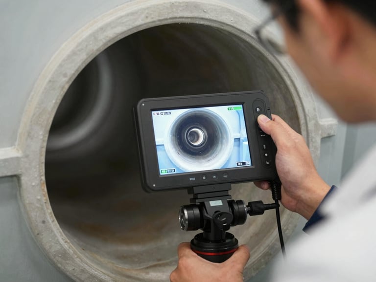 A professional technician using a high-tech video inspection camera screen to look inside a clean sewer pipe, sharp display showing the interior of a PVC pipe.