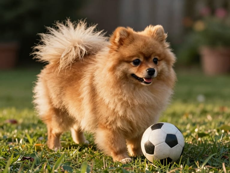 Cachorro Pomerania miniatura de abundante pelaje color arena jugando en un jardín de césped corto bajo la luz cálida de atardecer.