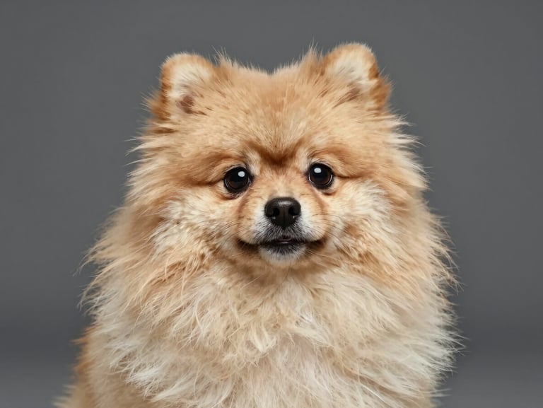 Cachorro Pomerania cara de oso con pelaje denso y esponjoso, capturado a la altura de los ojos en un entorno limpio y luminoso.