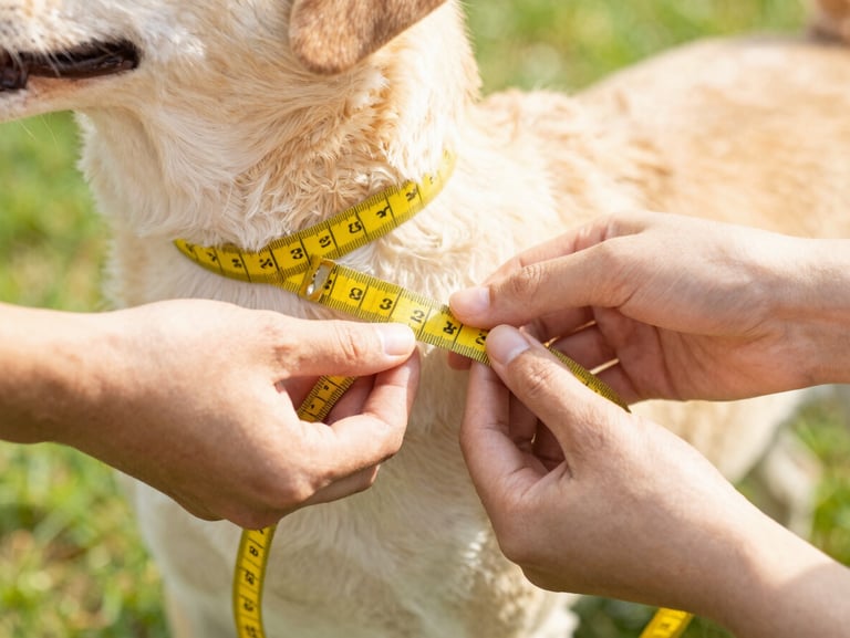 Close-up of gentle hands measuring a dog's chest with a soft yellow tape measure, warm natural light, shallow depth of field