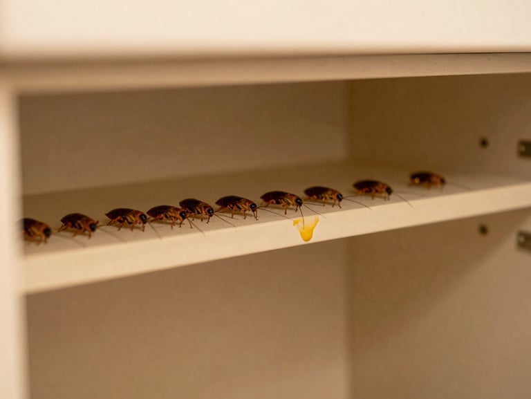 Close-up of cockroach droppings and grease smear along the back edge of a kitchen cabinet interior, warm tungsten light, no animals visible, documentary detail shot